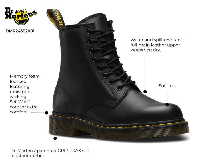 alternate view #2 of: Dr. Martens DMR24382001 1460 Originals 8-Eye, Unisex, Black, Soft Toe, Slip Resistant, 6 Inch Boot