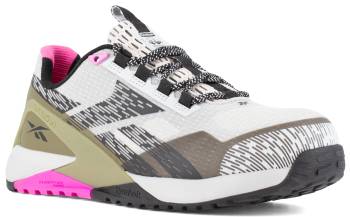 Reebok Work WGRB383 Nano X1 Adventure Work, Women's, Silver/Army Green/Pink, Comp Toe, EH, Slip Resistant, Athletic, Work Shoe