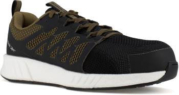 Reebok Work WGRB4313 Fusion Flexweave, Men's, Black/Khaki, Comp Toe, SD, Slip Resistant, Low Athletic, Work Shoe